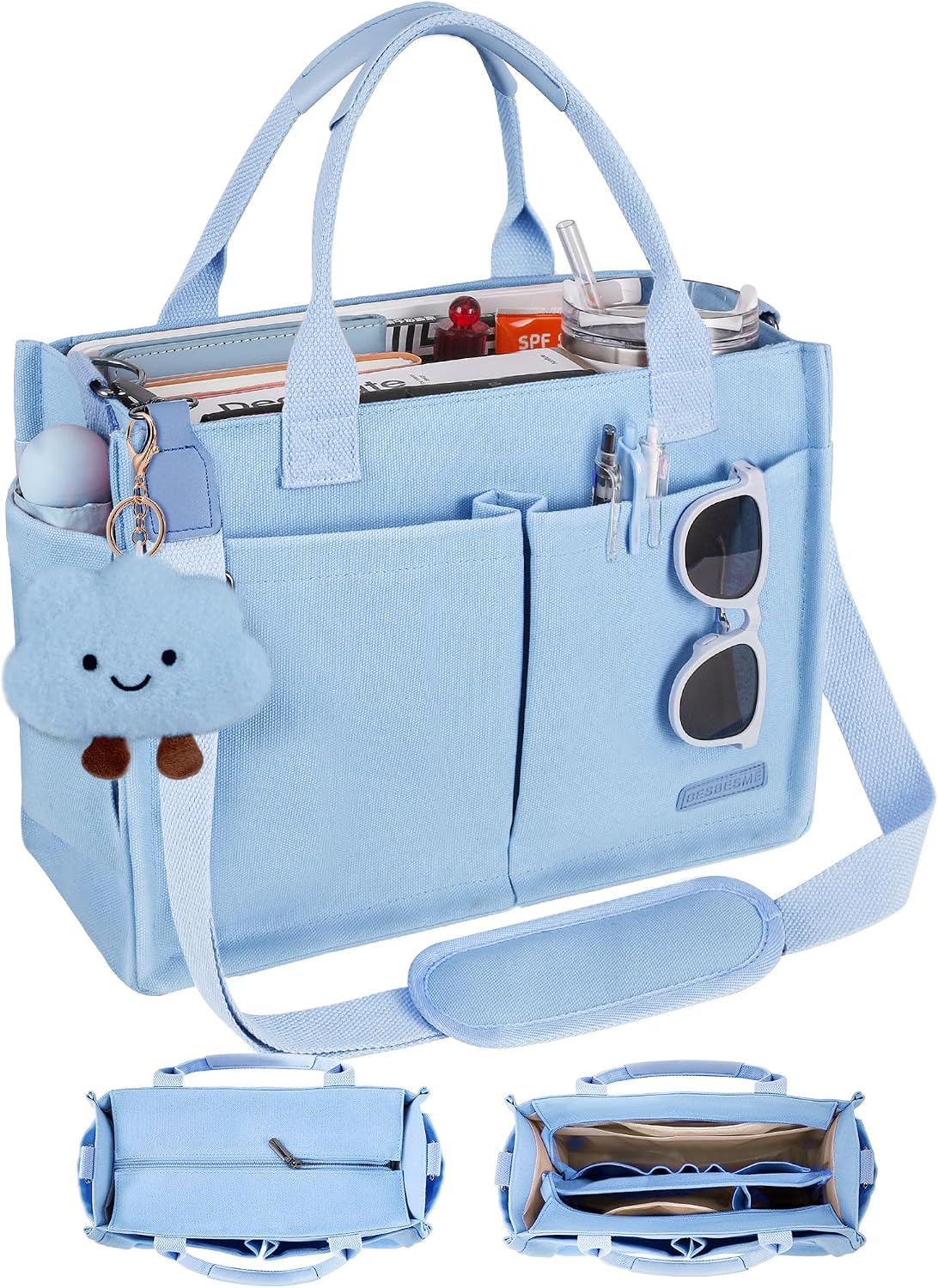BESBESME Canvas Tote Bag for Women with Zipper & Compartments Large Work & College Laptop Tote Crossbody Shoulder Bag