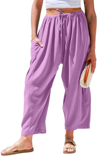 TARSE Womens Linen Wide Leg Pants Casual Loose Drawstring Summer Beach Travel Vacation Palazzo Harem Pants with Pockets