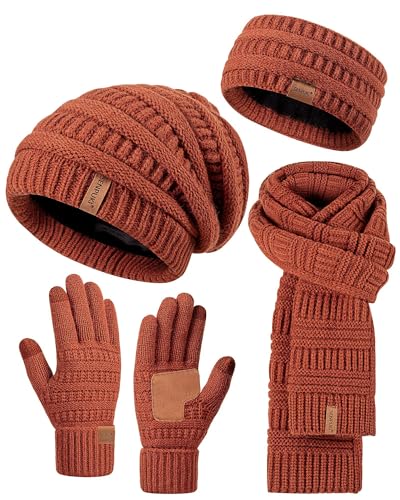 Womens Winter Beanie Hat Scarf Gloves Headband Set, Slouchy Beanie Ear Warmer Knit Scarf Touchscreen Gloves Warm 4 Gift Set