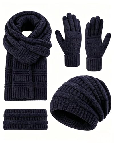 Womens Winter Beanie Hat Scarf Gloves Headband Set, Slouchy Beanie Ear Warmer Knit Scarf Touchscreen Gloves Warm 4 Gift Set