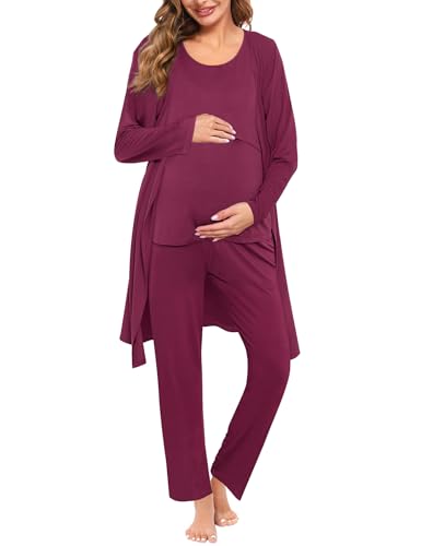 SWOMOG Maternity Nursing Robe Set 3 PCS Women Postpartum Pajamas Breastfeeding Labor Delivery Hospital Pregnancy Pjs